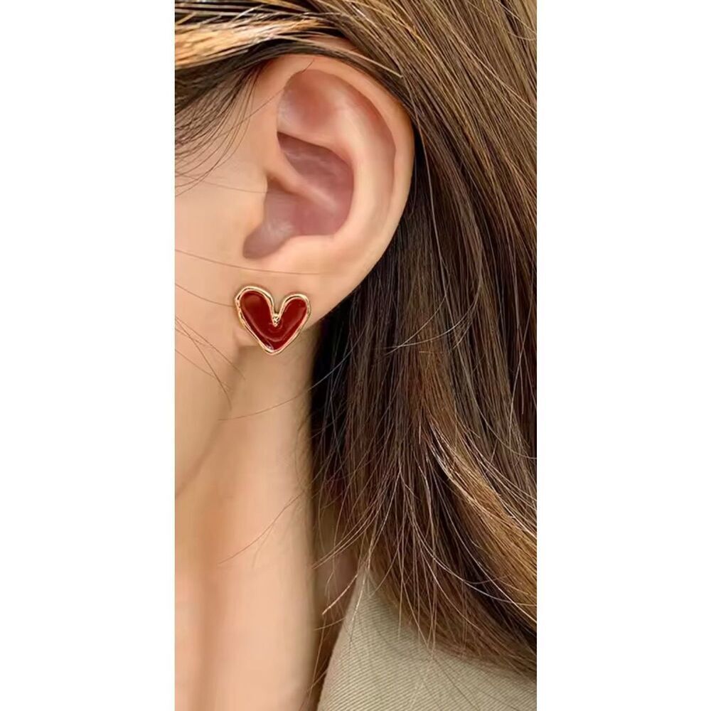 Zara Minimalist Red Heart Stud Earrings Gold Tone Cute Romantic Everyday Jewelry